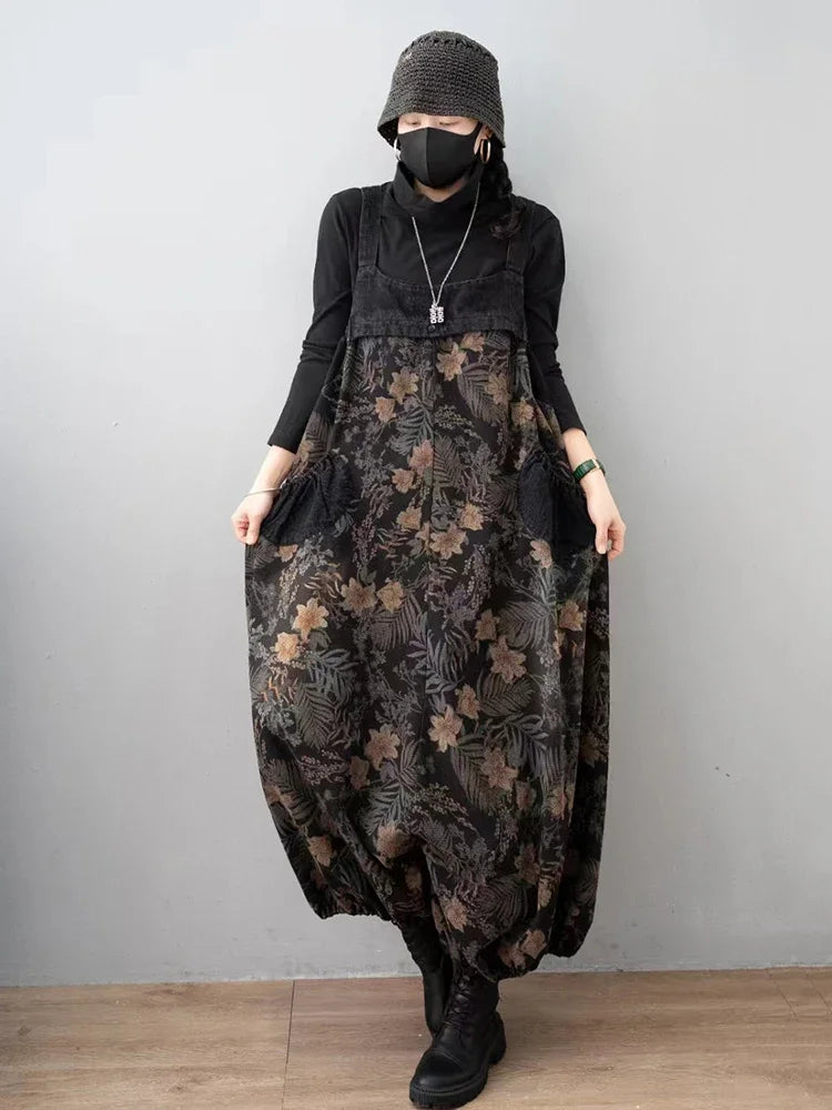 Spring Vintage Streetwear Womens Plus Size Printed Jeans Denim Overalls Ladies Floral Harem Pants Casual Trousers