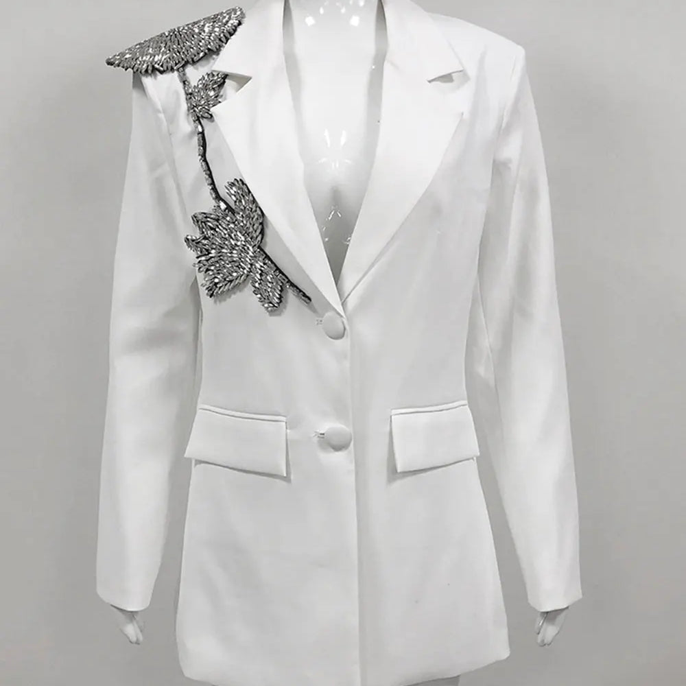 2025 Elegant Women Office OL Blazer Polo Collar Long Sleeve Slim Fit Single breasted Stereoscopic Water Diamond Flower Suit Coat