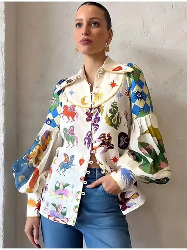 Casual Women's Print Shirt Lantern Sleeve Single Breasted Turn-down Collar Female Shirts Fashion Cartoon Lady Top Street