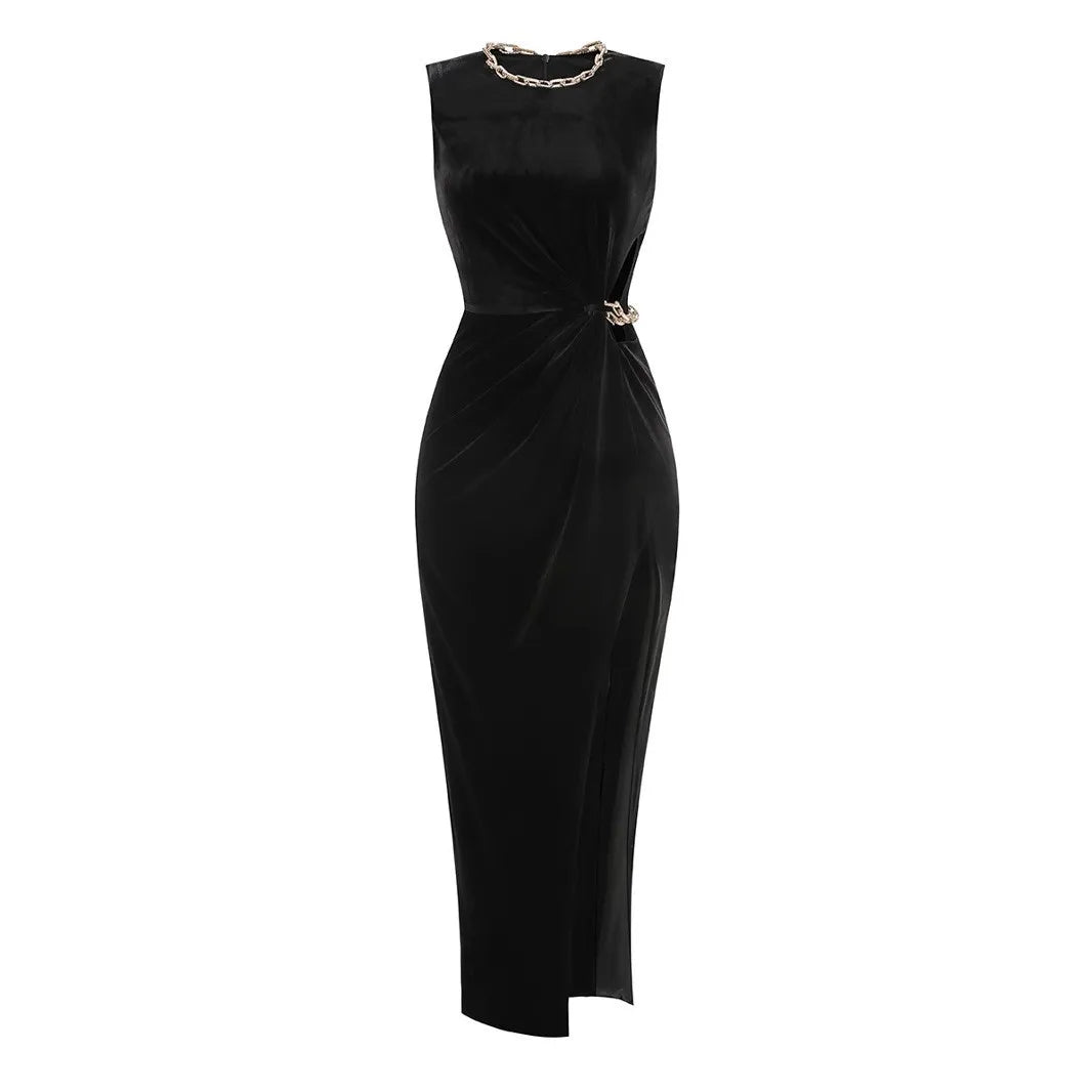Black Color Women Sexy Sleeveless O-Neck Velvet Bodycon Long Maxi Dress Elegant Evening Party Cocktail Dress
