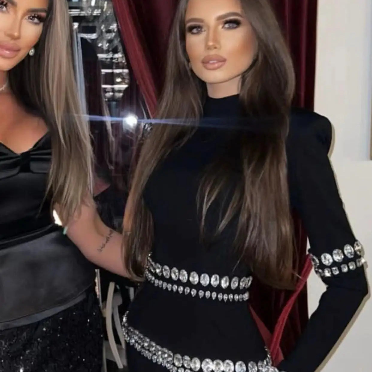 STOCK New Winter High Quality Sparkling Diamonds Half High Collar Black Mini Bandage Dress Fashion Woman Evening Party Outfit