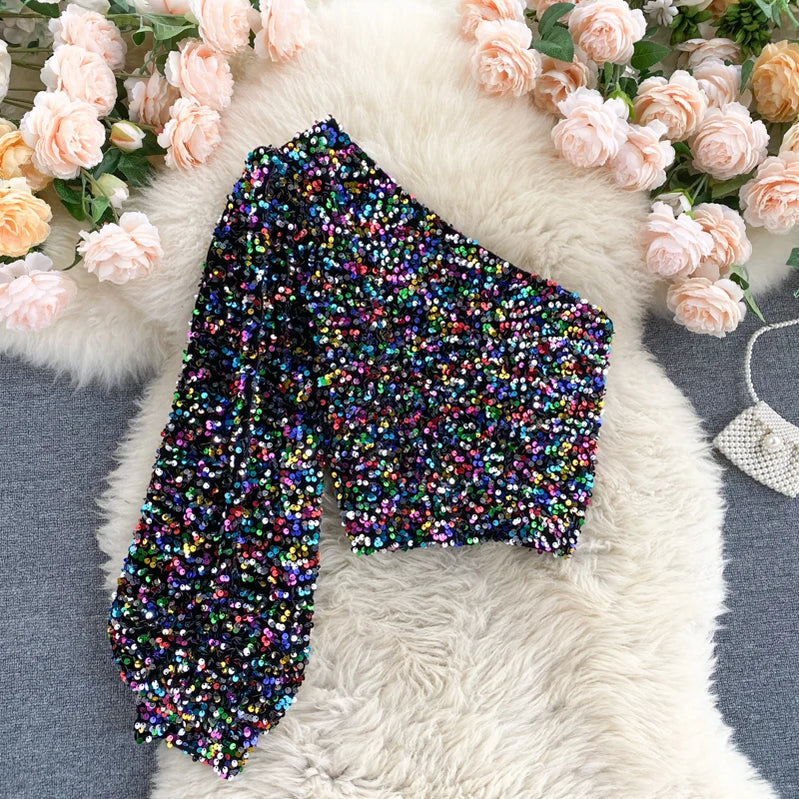 Fall 2024 Oblique Collar T-shirt Strapless Unilateral Puff Sleeve Slim Fit Short Sequined Top color One Size