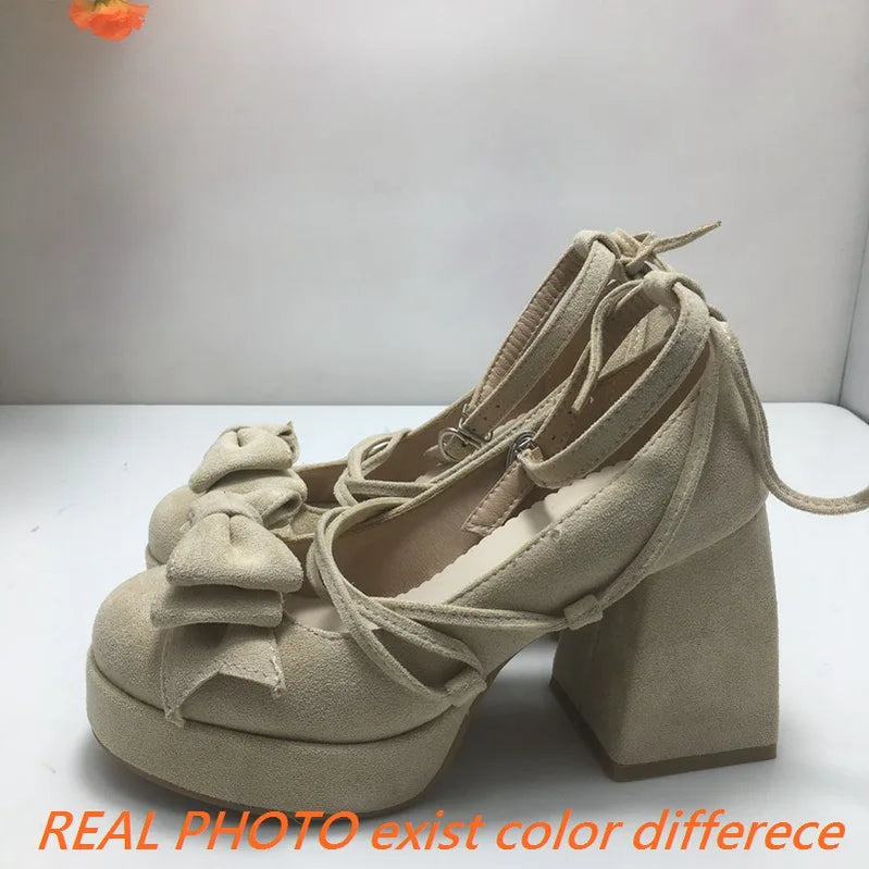 SIMLOVEYO Lolita Women Pumps 32 33 Round Toe Chunky High Heels 9cm Platform Bowknot Ankle Strap Big Size 44 45 Sweet Shoes
