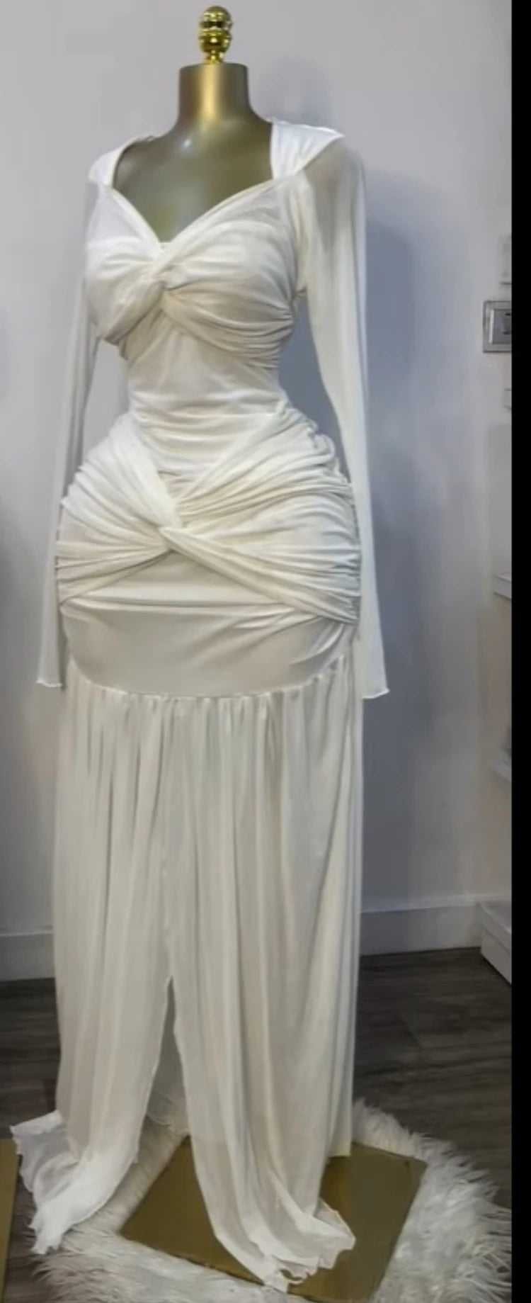 CM.YAYA Women Stacked Ruched Draped High Split Pleated Maxi Long Bodycon Dress 2025 Holiday Birthday Club Party Evening Dresses