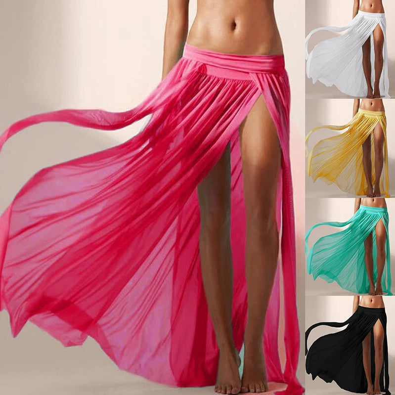 Summer Sexy Womens Double Slits Beach Skirt Long Maxi Skirt Dropped Net Yarn Skirt Female Beachwear Bathing Suit Swimsuits