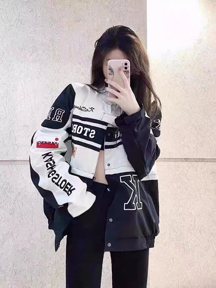 Spring Detachable Motorcycle Racing Jacket with Skirt Separation Set Women Vintage Motor Autumn Coat Korean Y2K Harajuku Clothes HQ86W