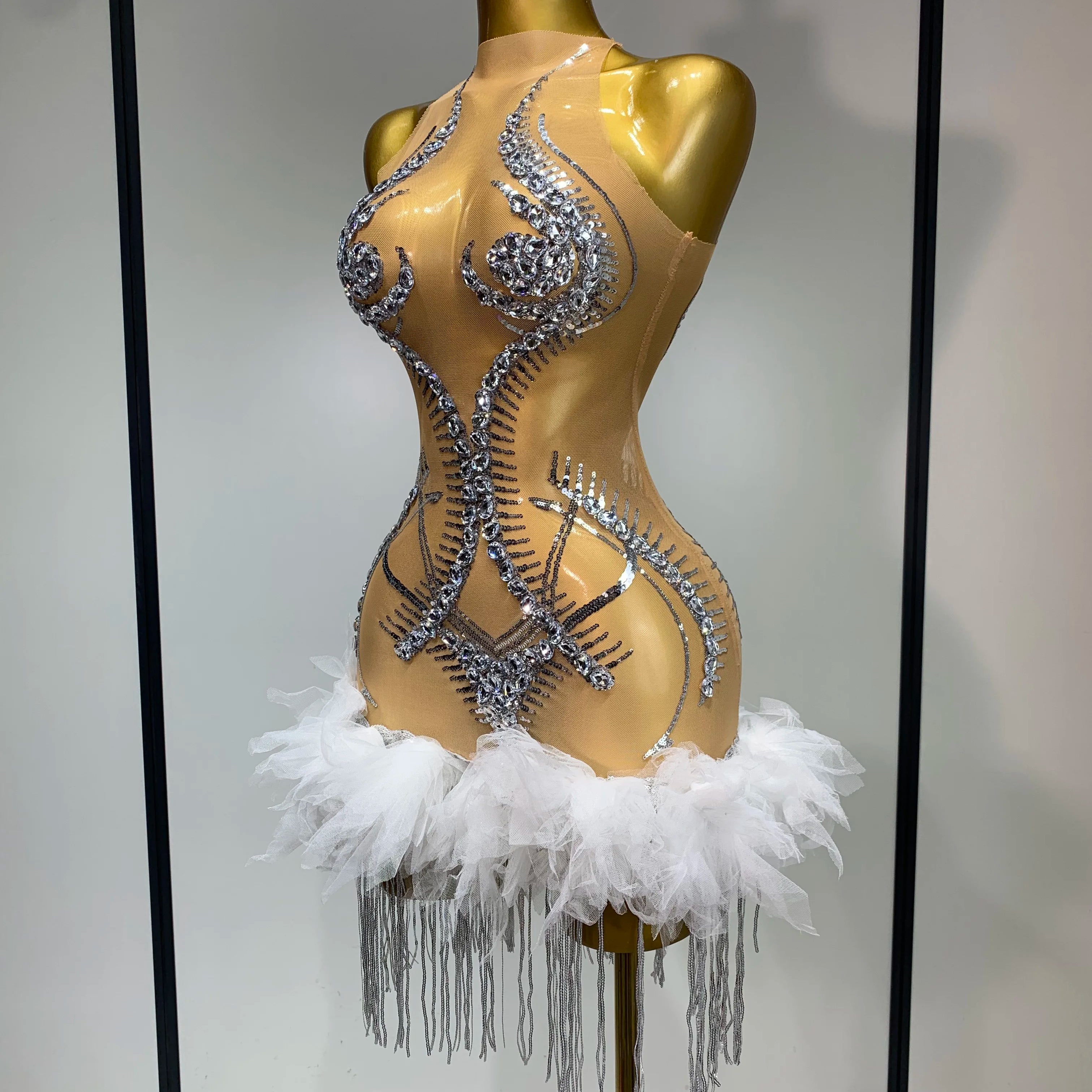 Luxury Party Cocktail Short Dress Women Mesh Sexy See Through Rhinestones Tassel Dress Nightclub Perform Singer Stage Costume