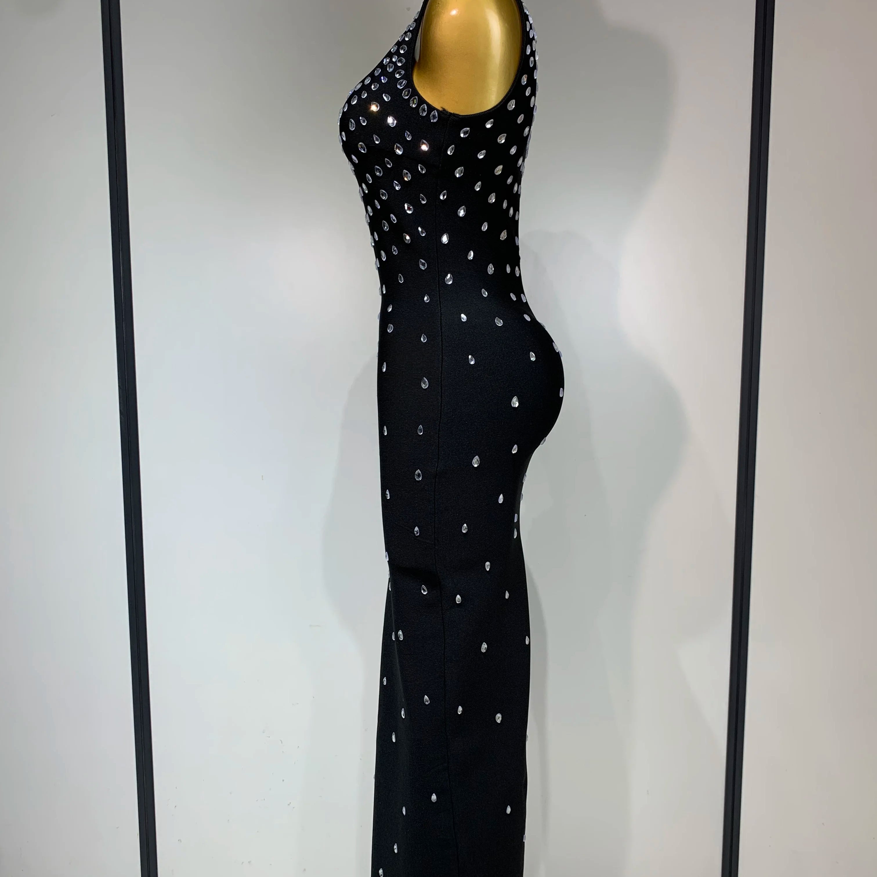 Luxury Rhinestone Bandage Long Dress Elastic Sleeveless Bodycon High Street Evening Club Party Elegant Birthday Prom Gowns