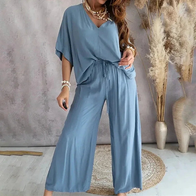 2024 Summer Fashion New Women's Elegant Loose High Waist Plus Size Set Off Back Elastic Waist Retro Women's Two Piece Set