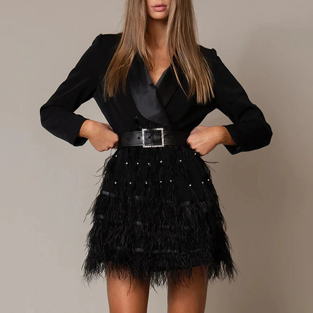 TWOTWINSTYLE Solid Spliced Bead Fashion Mini Dresses for Women Lapel Long Sleeves Patchwork Button Elegant Dress Female Clothing