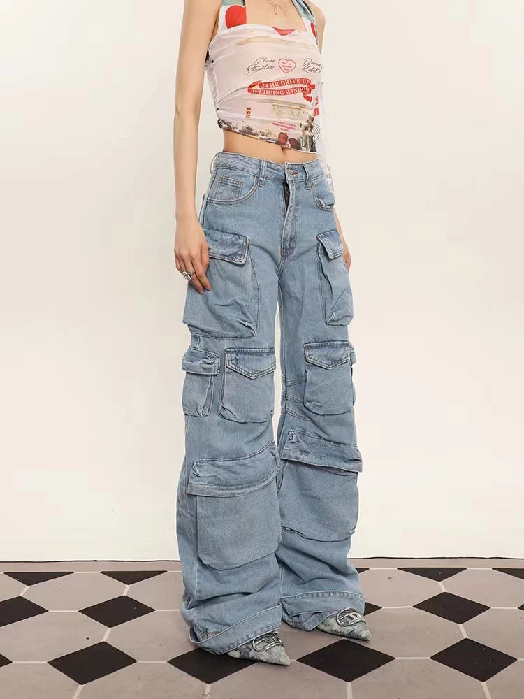 Grunge Punk High Street Style Oversized Cargo Jeans Women Spring Autumn Y2K Korean Fashion Pockets Loose Denim Boyfriend Pants