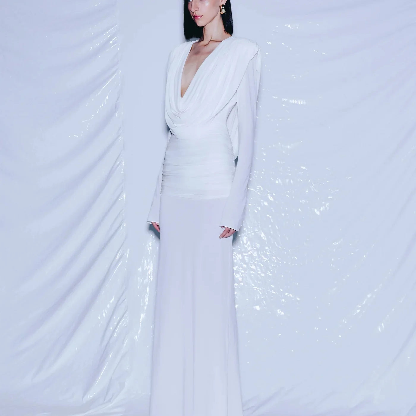 Women Celebrity Sexy Long Sleeve Deep V Neck Ruched White Maxi Long Gowns Dress 2025 Elegant Evening Party Club Vestido