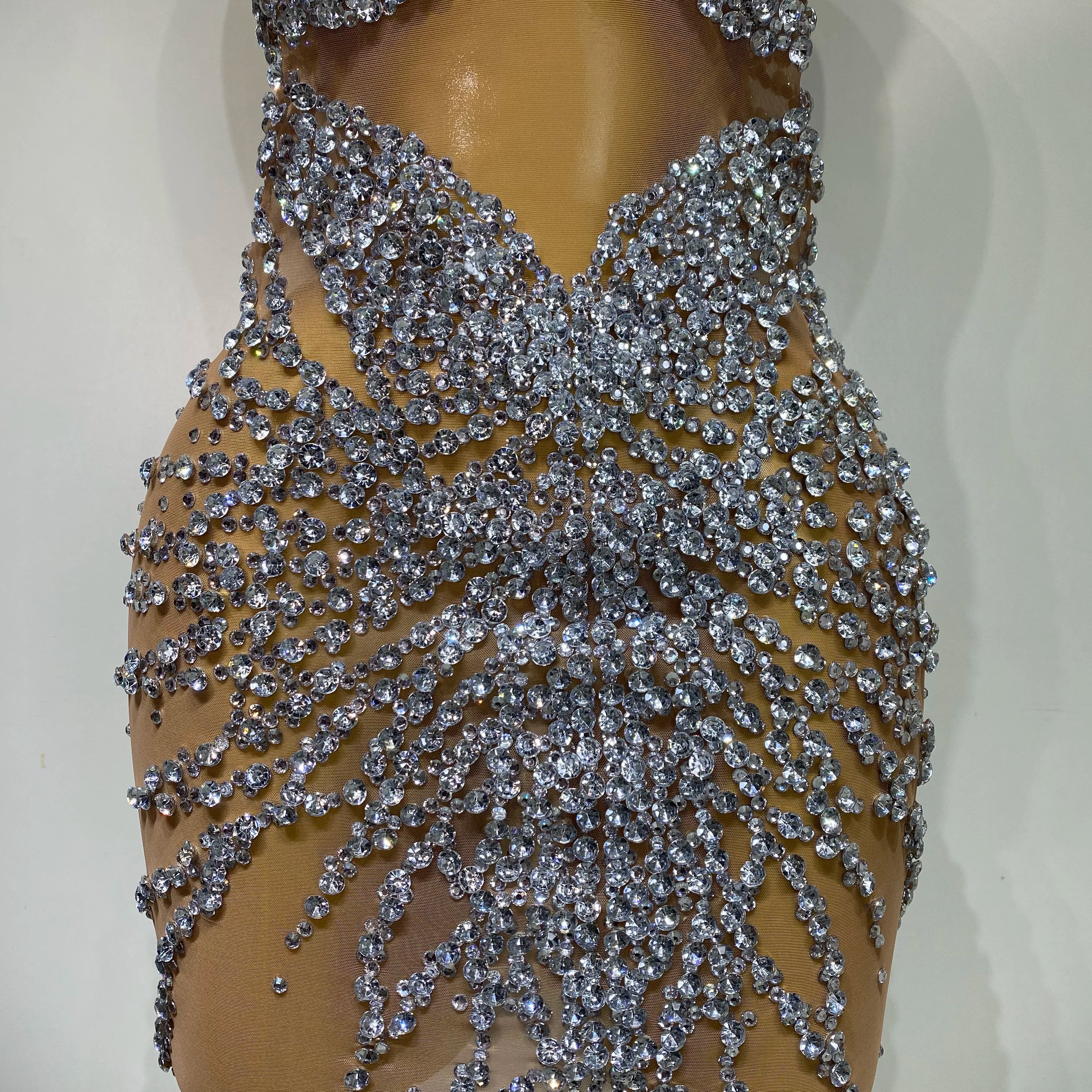 Luxury Rhinestones Mesh Transparent Prom Mini Dress Shinny Women Birthday Celebrate Party Prom Nightclub Outfit Stage Costume