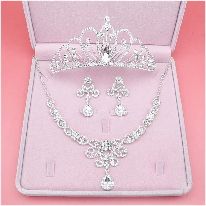 Bridal Jewelry Sets Crown Necklace Earrings Four Pack Silver Colour Women's Fashion Wedding Tiaras TS-0173-A-XL-0007-A Tiaras