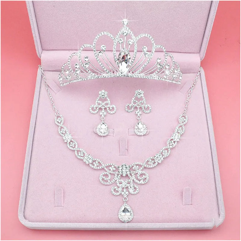 Bridal Jewelry Sets Crown Necklace Earrings Four Pack Silver Colour Women's Fashion Wedding Tiaras TS-0173-A-XL-0007-A Tiaras