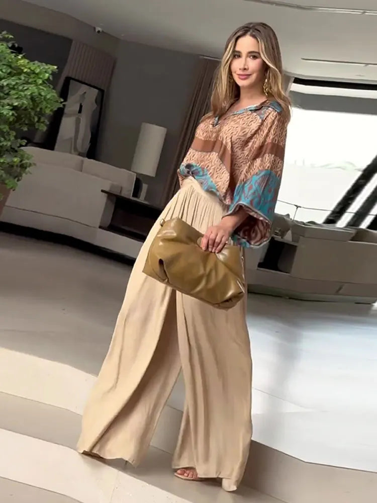 Women Loose High Waist Pant Print V Neck Long Sleeves Top 2 Pieces Sets Spring Summer Casual Street Female Outfits NEW