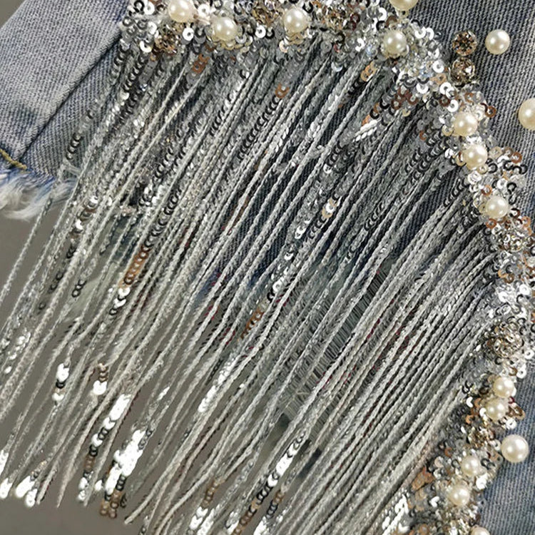 Summer Elegant Shorts Lady Tassel Beading High Waist Wide Leg Denim Shorts Female Casual Solid Shorts Jeans for Women Clothing