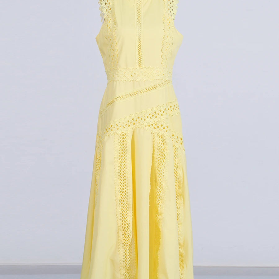 TWOTWINSTYLE Solid Slimming Spliced Hollow Out Dresses for Women Round Neck Sleeveless Patchwork Lace Dress Female Clothing New