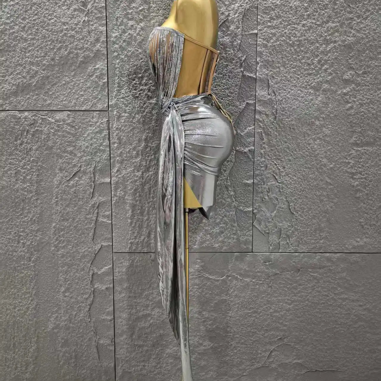 Silver Color Women Sexy Strapless Tassels 2 Pieces Bodycon Mini Dress Nightclub Party Bar Singer Celebrate Performance Costume