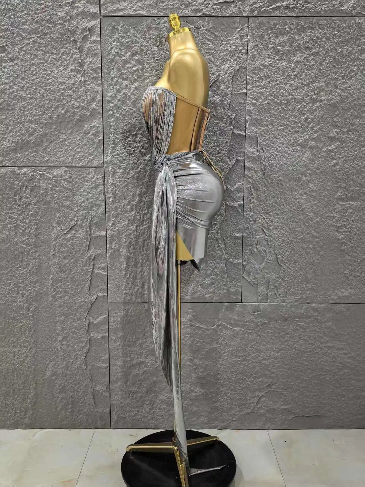 Silver Color Women Sexy Strapless Tassels 2 Pieces Bodycon Mini Dress Nightclub Party Bar Singer Celebrate Performance Costume