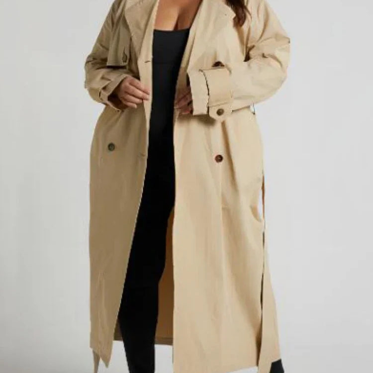 Women's Jackets Double Breasted Long Trench Classic Lapel Collar Long Sleeve Khaki Overcoat with Belt Female Autumn Outerwear khaki