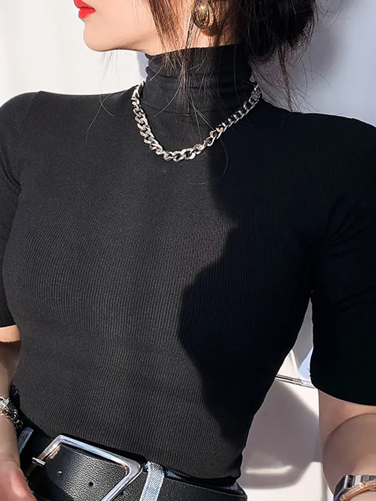 Basic Cotton T Shirt Women Turtleneck Slim Tshirt Short Sleeve T-shirts Female Casual Elasticity White Tee Shirt Femme Woman Top black