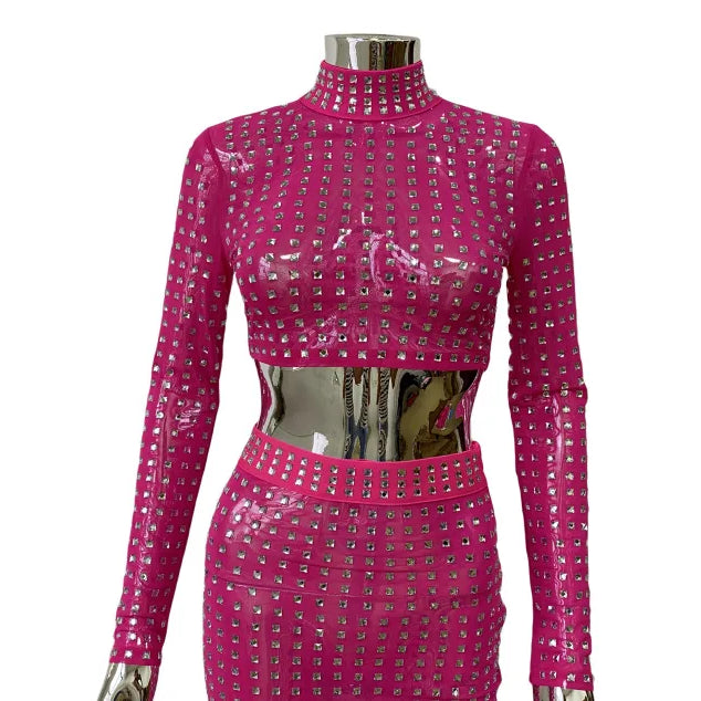STOCK Sparkling square Diamonds Sexy Mesh See Through Top And Skirt Woman Fashion Set High Street Wear Evening Party Outfit