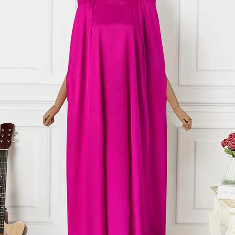 5XL Plus Size Women Dress Stand Collar Elegant Satin Dress Long Bat Sleeve Evening Pleated Maxi Sundress Casual Robe