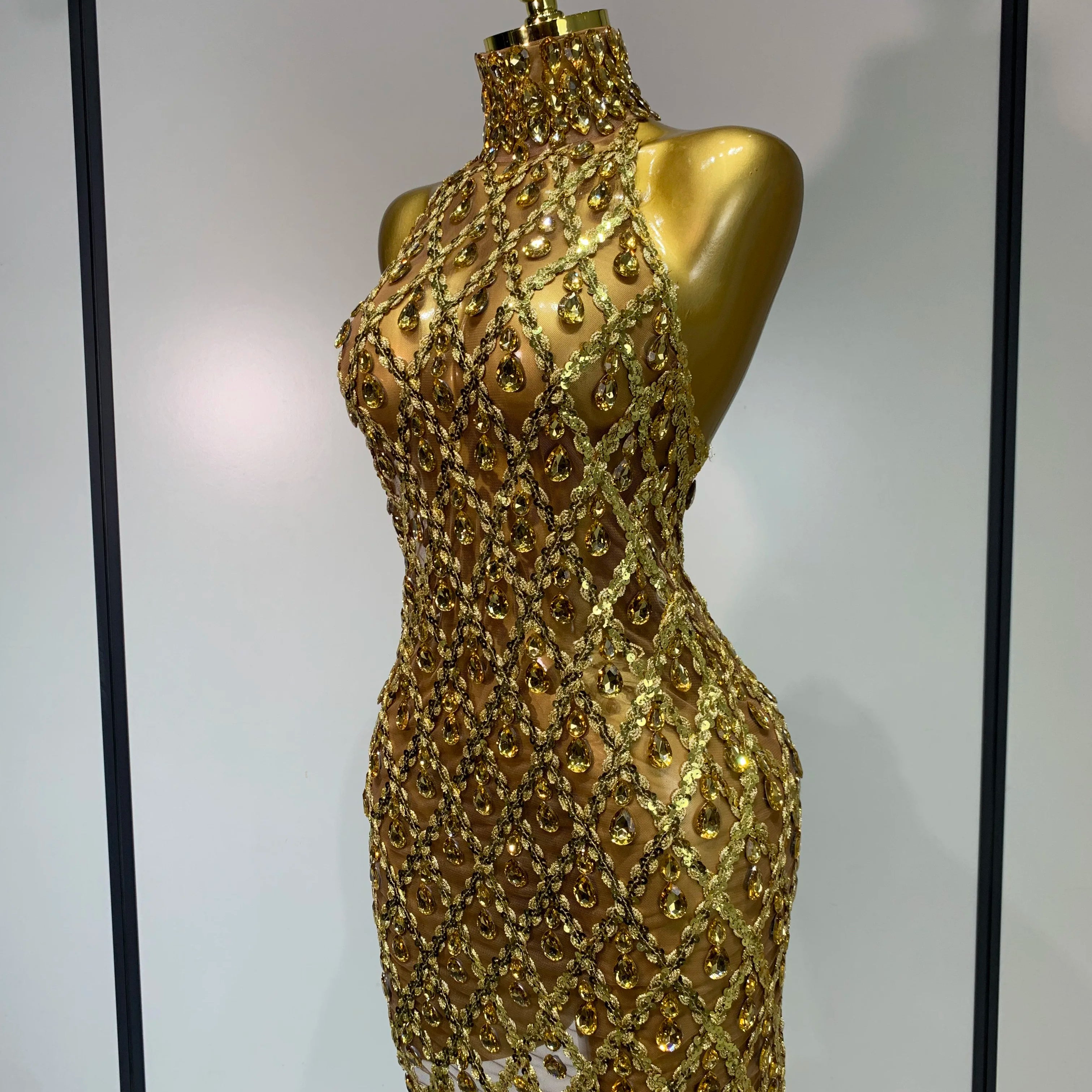 Women Sexy Stage Shining Rhinestone Sequins Dress Evening Prom Luxury Birthday Dress Transparent Performance Singer Club Dress