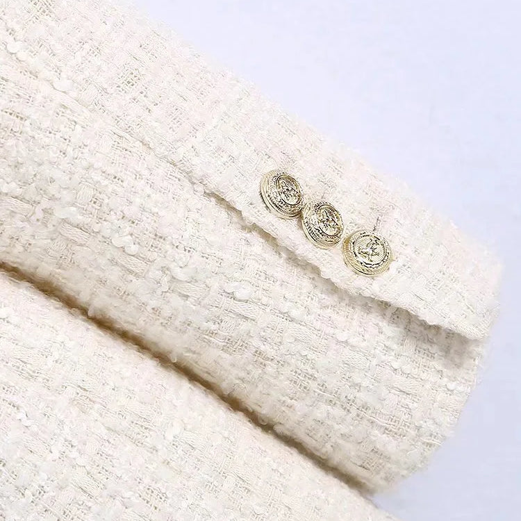 Women Fashion Tweed Double Breasted Blazer Coat Vintage Long Sleeve Flap Pockets Female Outerwear Chic Veste Femme