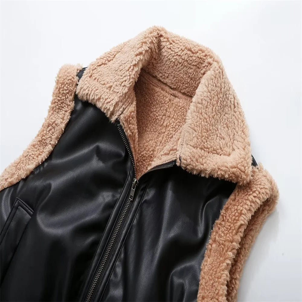 Winter Women's Fashion European and American Style Versatile Shirt Collar Sleeveless Short Double sided Pilot V