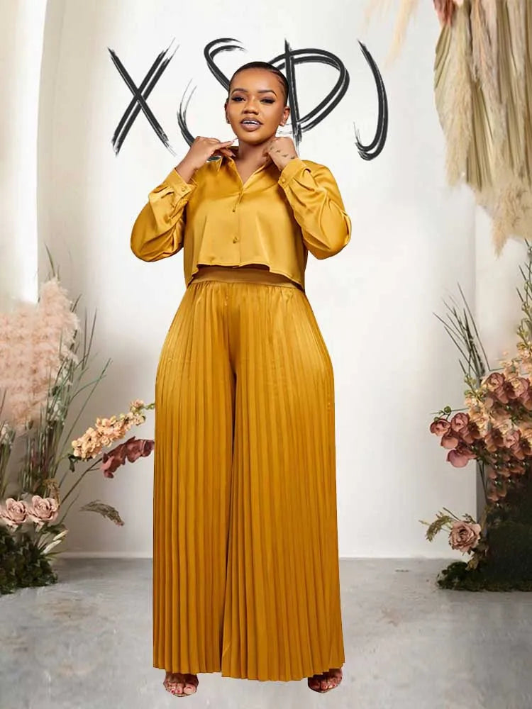 2 Piece Sets Women Outfit Luxury Elegant Autumn Long Sleeve Button Top and Pleated Pants Set Casual Ladies Clothes Plus Size