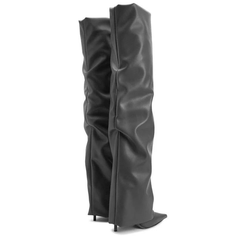 Autumn/Winter Brand New Sexy Over Knee Boots Thin High Heel Pointed Fashion Pleated Boots Black Women's Shoes Big Size 43