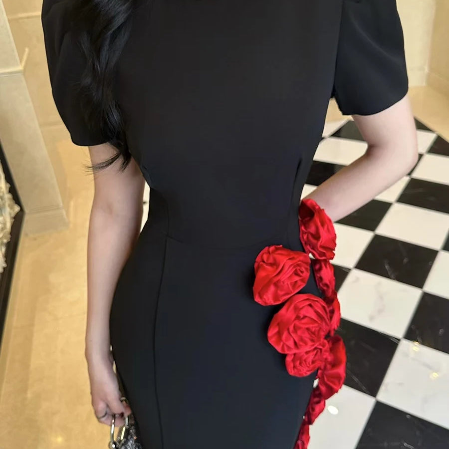 TWOTWINSTYLE Hit Color Slimming Spliced 3D Flower Elegant Dresses for Women Round Neck Short Sleeves Dress Femlae Clothing New