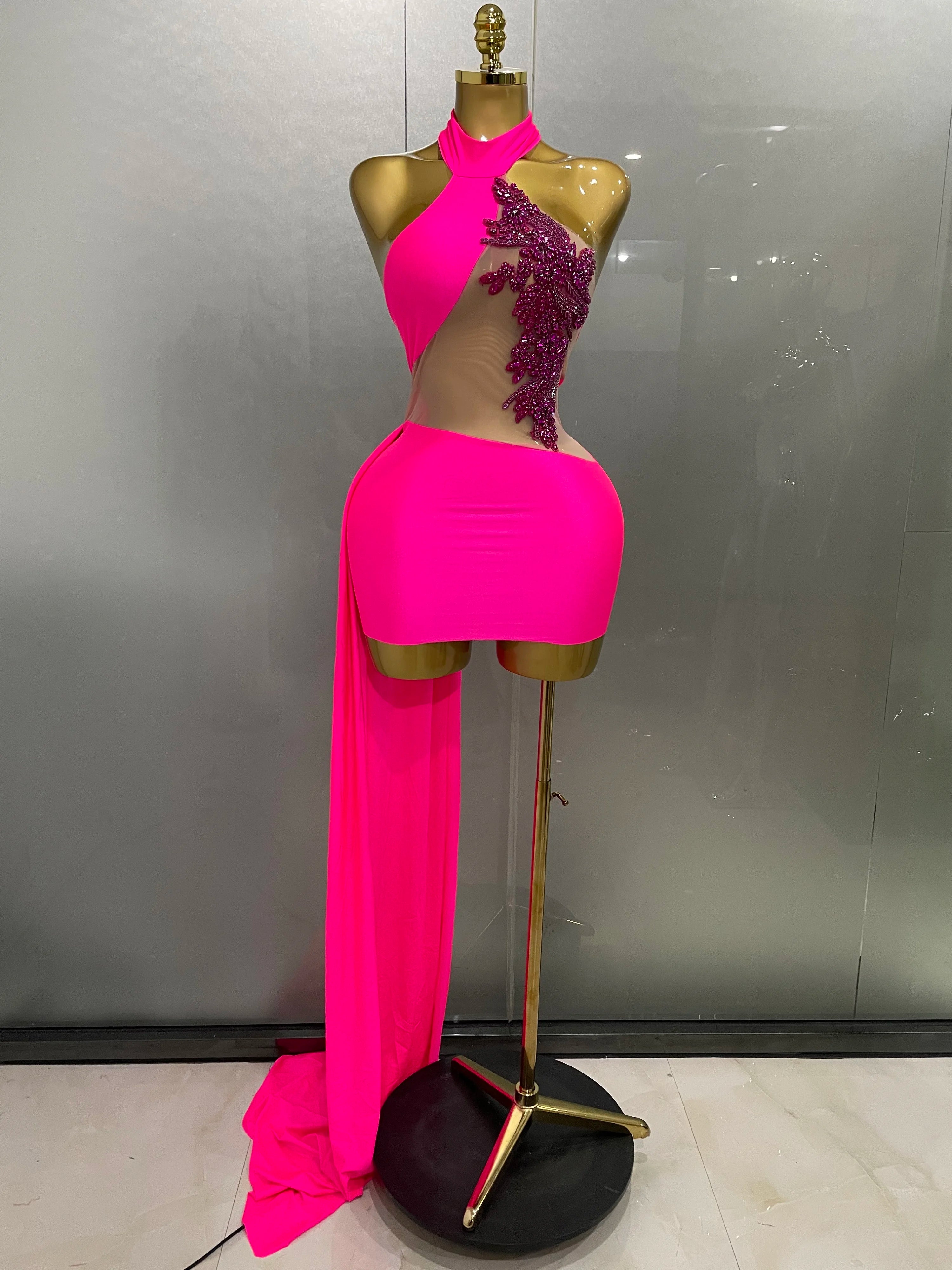 Sexy Sparkly Beaded Mesh See-Through Backless Cocktail Short Dress 2025Women Evening Prom Celebrate Birthday Party Stage Costume