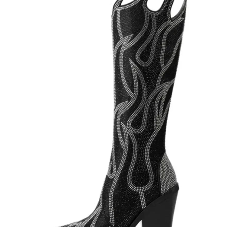 New Women's Rhinestone Flame Ankle Boots Fashion Square Head High Heels Western Boots Party Dress 43 Large Short Boots Black long style