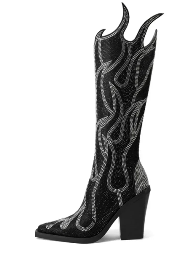 New Women's Rhinestone Flame Ankle Boots Fashion Square Head High Heels Western Boots Party Dress 43 Large Short Boots Black long style