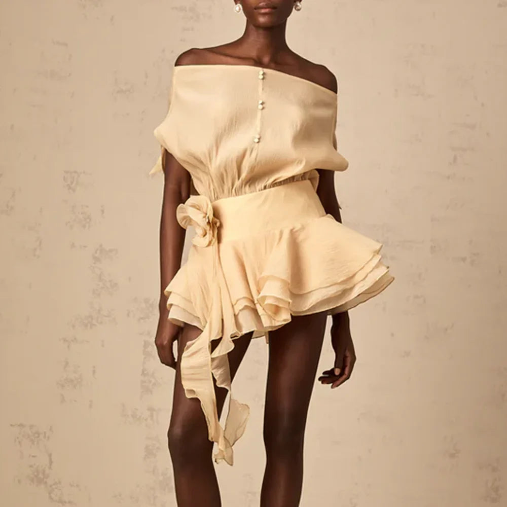 Solid Loose Spliced Ruffles Mini Dresses for Women Slash Neck Sleeveless Patchwork 3D Flower Dress Female Clothing