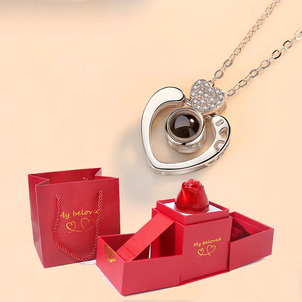 Love Projection Necklace With Exquisite Rose Gift Box100 Languages I Love You Pendant New In Romantic Jewelry silver 45cm