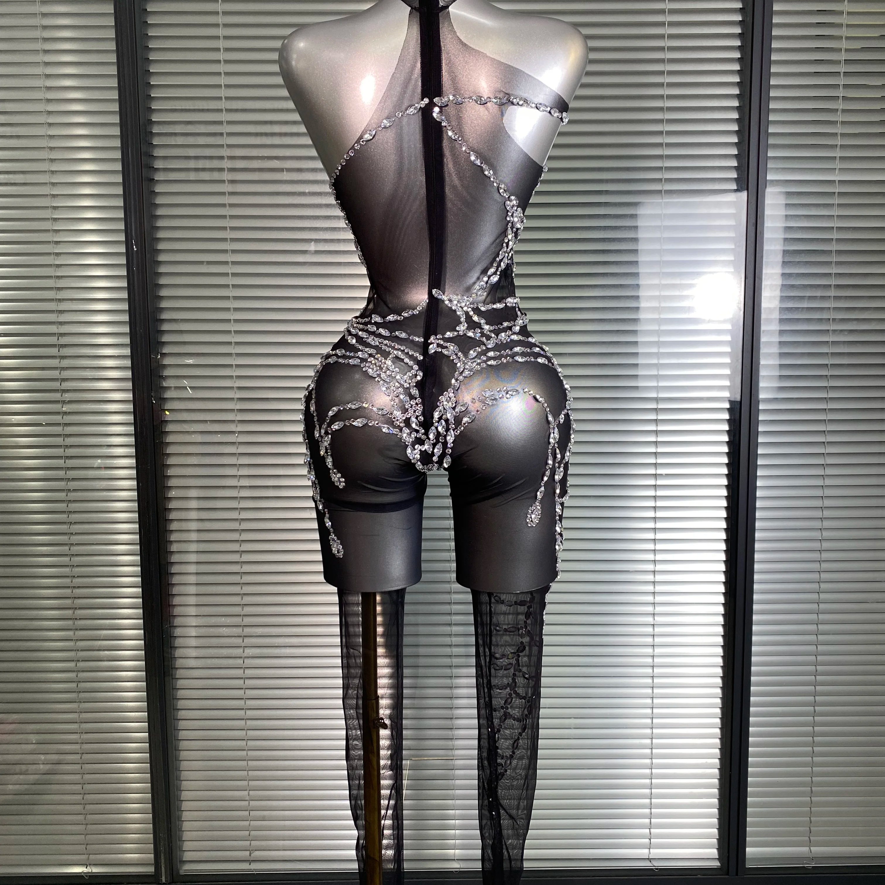 Women Sexy Crystal Jumpsuit Celebrity Designer Spider Web Stretchy Mesh Sheer Black Skin Singer Dancer Stage Night Club Rompers