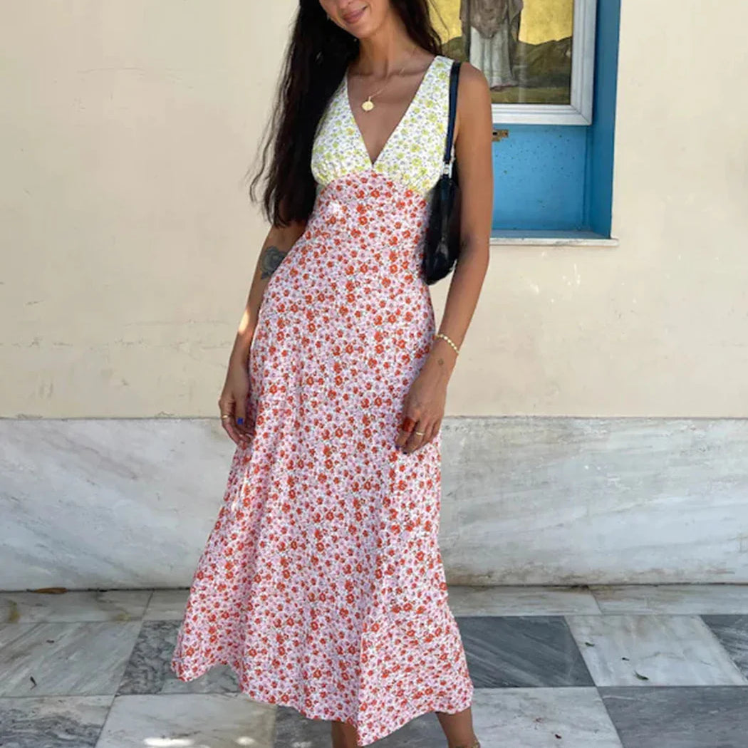 Floral Print Female Long Dress High Waist Lace-up V-neck Slim Sleeveless Fashion Sundress Casual Summer Dress Vestido Robe A93 pink