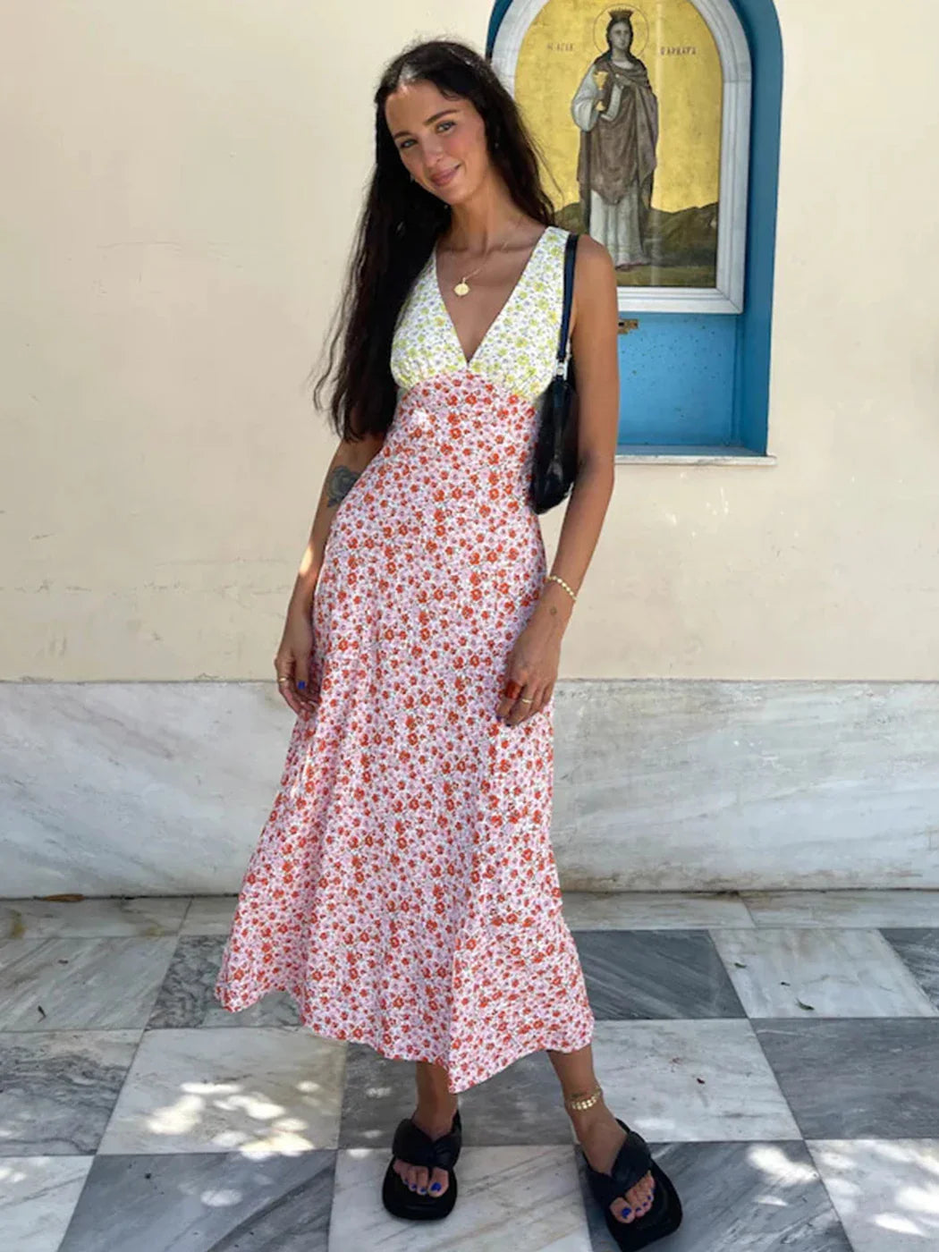 Floral Print Female Long Dress High Waist Lace-up V-neck Slim Sleeveless Fashion Sundress Casual Summer Dress Vestido Robe A93 pink