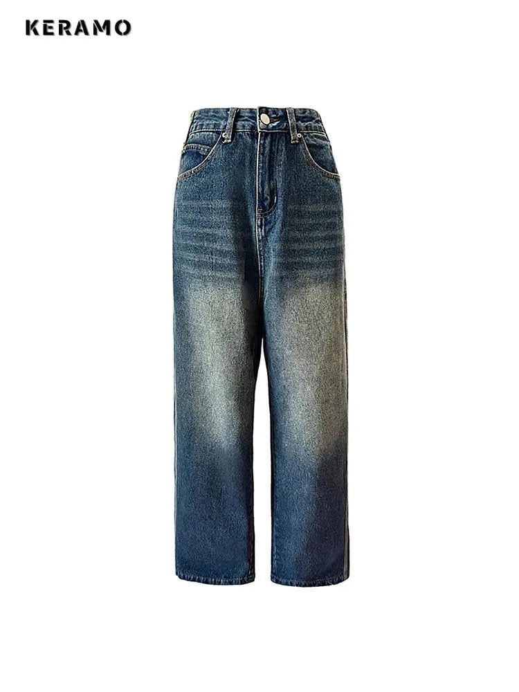 Korean Style Women's Vintage High Waist Streetwear Style Blue Jeans Pants Wide Leg Baggy Y2K Baggy Female Denim Trouser