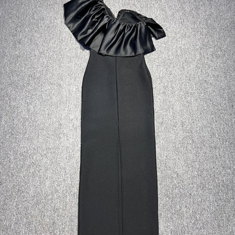Women Sexy One Shoulder Ruffles Black Maxi Long Bodycon Bandage Dress 2024 Elegant Evening Club Party Dress