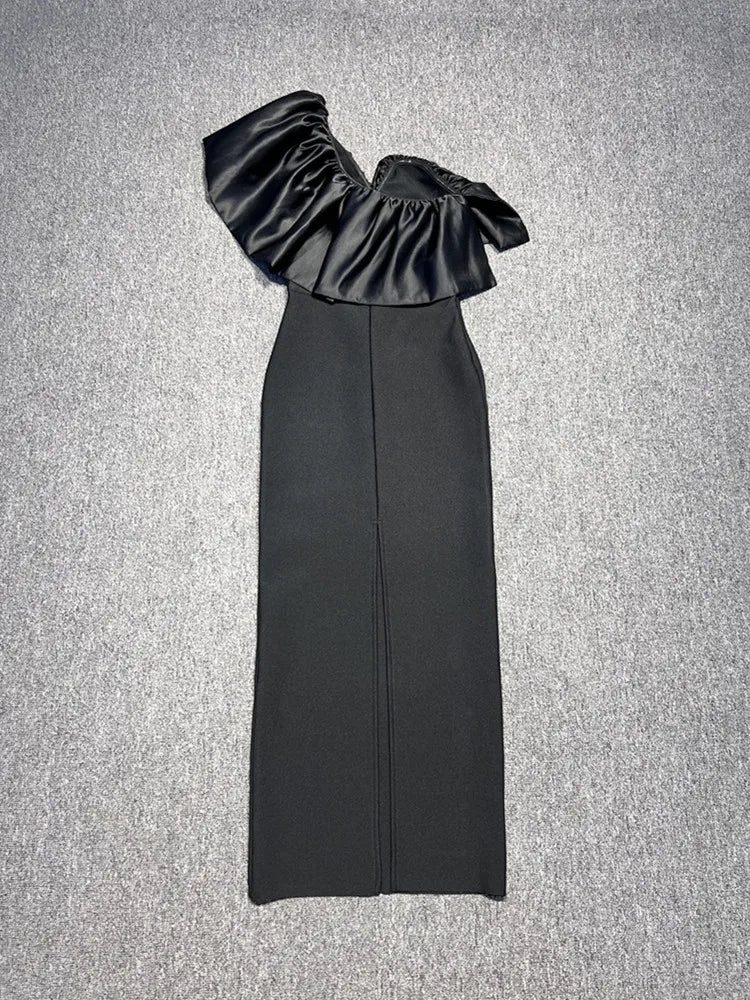 Women Sexy One Shoulder Ruffles Black Maxi Long Bodycon Bandage Dress 2024 Elegant Evening Club Party Dress