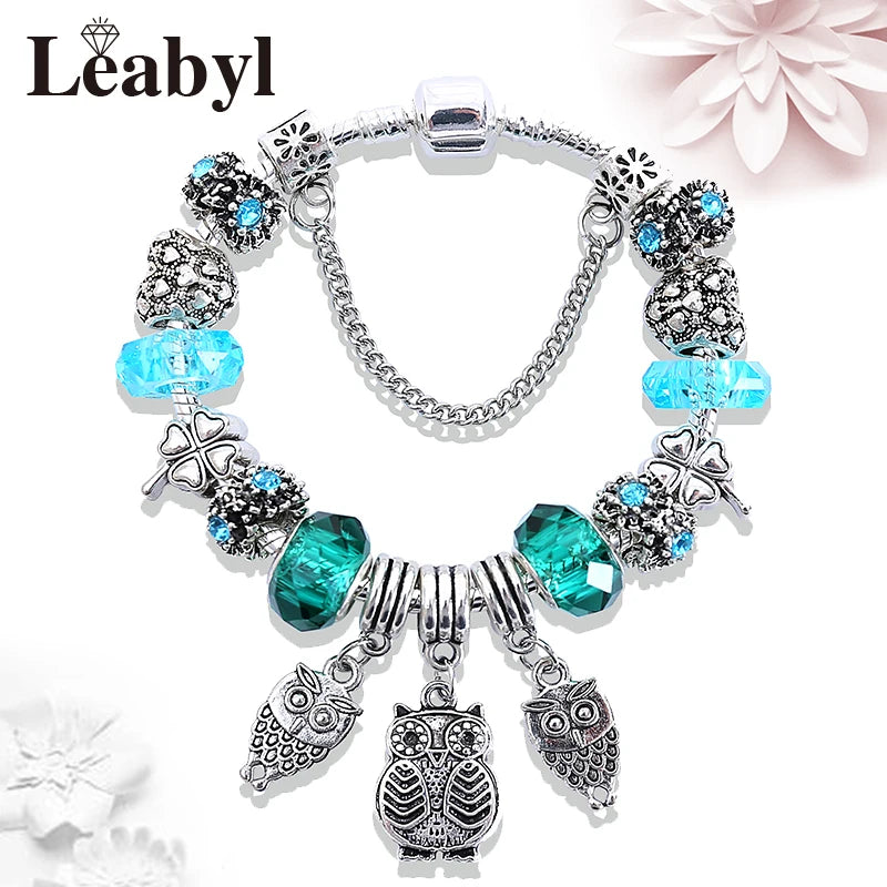 Silver Color Tree of Life Fashion Bead Bracelets Green Leaf Floral Crystal Charm Bracelet & Bangle Pulsera Jewelry 826