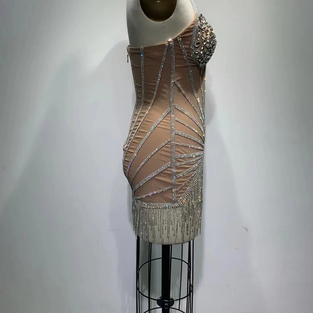 Top Hand-make Sparkly Rhinestones Women Sexy Halter Bodycon Mini Dress Chain Nightclub Bar Singer Performance Costume