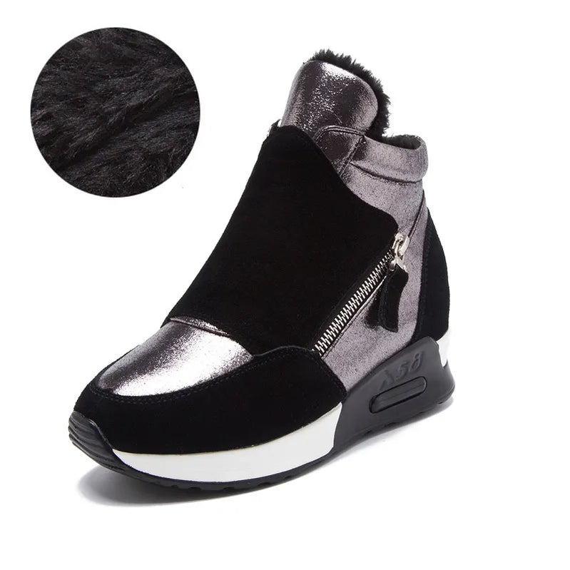 Snow Boots Women Autumn Winter Genuine Leather Warm Shoes Fashion Ladies High Top Sneakers Height Increasing 3cm Black Plush
