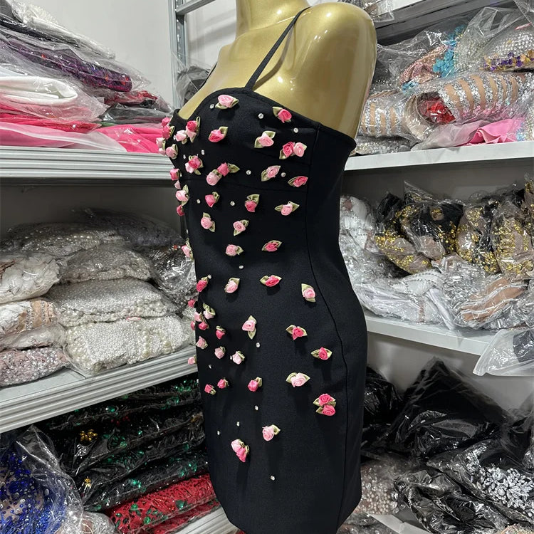 Women Sleeveless Sexy Strap Flowers Bodycon Bandage Mini Dress Celebrate Girls' Vacation Birthday Outfit