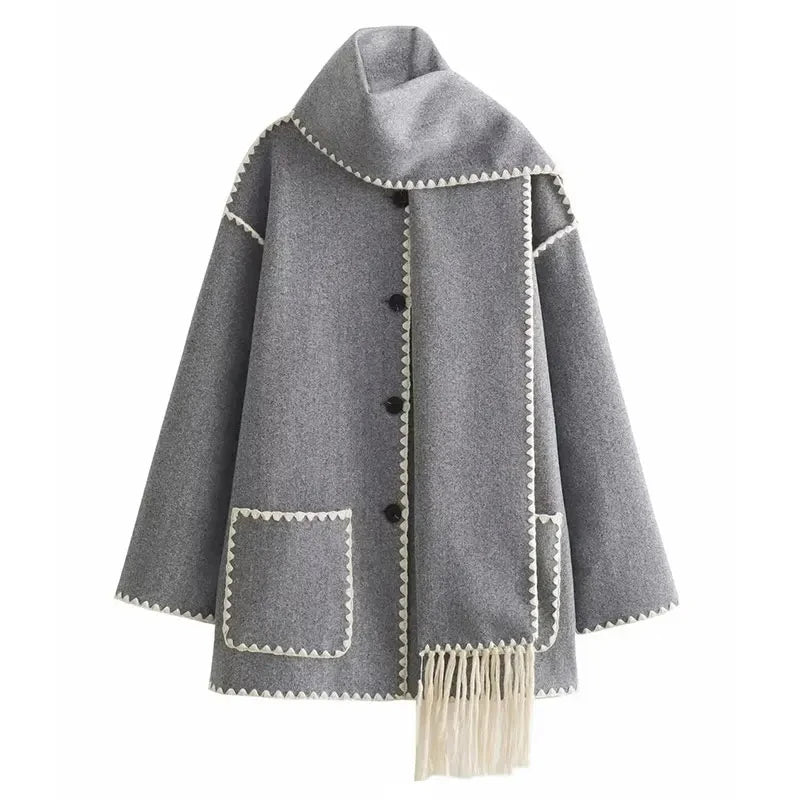 TRAFZA 2023 Autumn Fashion Woman Black Crochet Scarf Coat O Neck Long Sleeve Button Straight Casual Vintage Female Cozy Coats light grey